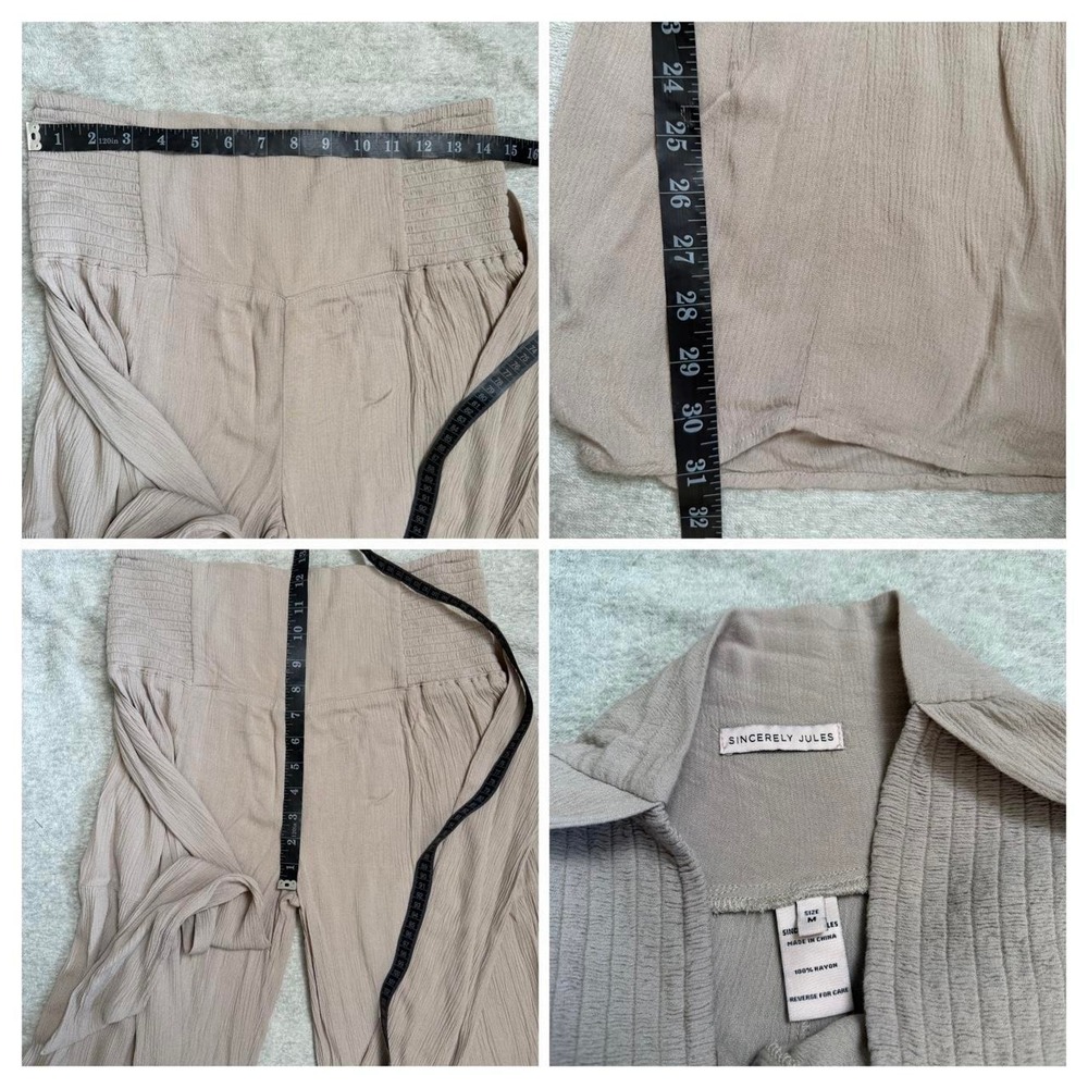 Sincerely Jules Oatmeal Tan High Waisted Wide Leg Flowy Tie Waist Pants Medium - Picture 8 of 8